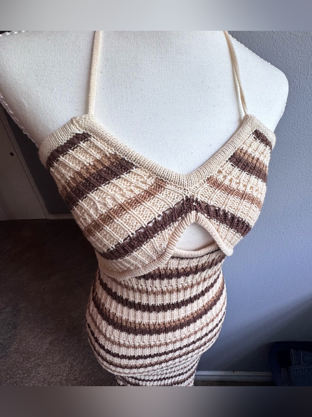 Fashion Nova Cream and Brown Striped Halter Knit Dress